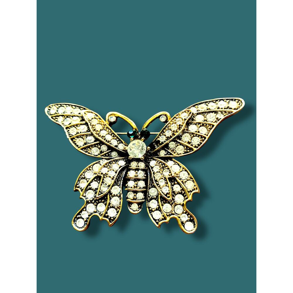 Vintage Butterfly Brooch Clear and Green Glass Gems